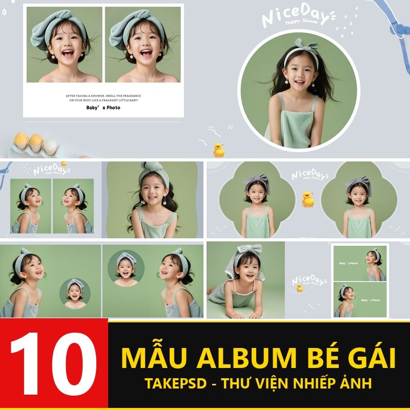 Album-0370, Bộ 10 PSD mẫu album vuông 30x30 trẻ em bé gái studio thời trang đơn giản dễ thương