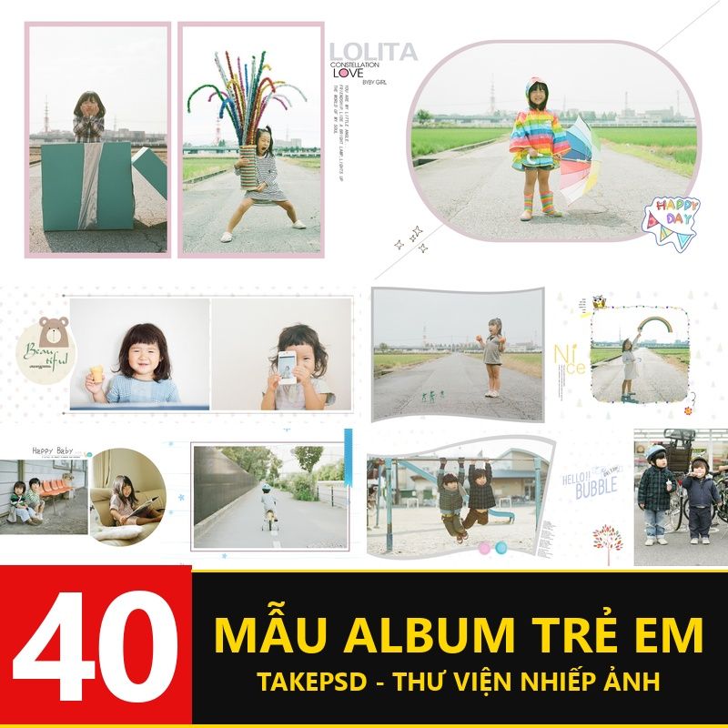 Album-7750, Bộ 40 PSD mẫu album trẻ em hiện đại tối giản và nghệ thuật phong cách Nhật bản phiên bản ngang
