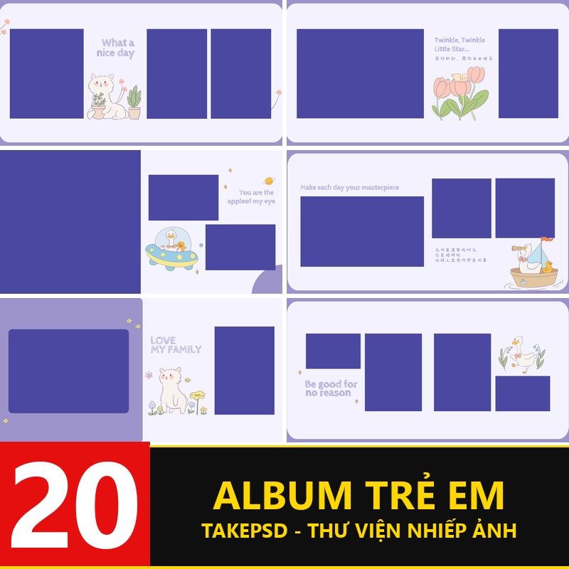 Album-9804, Bộ 20 PSD thiết kế album vuông trẻ em chủ đề công chúa hoạt hình tông tím dễ thương