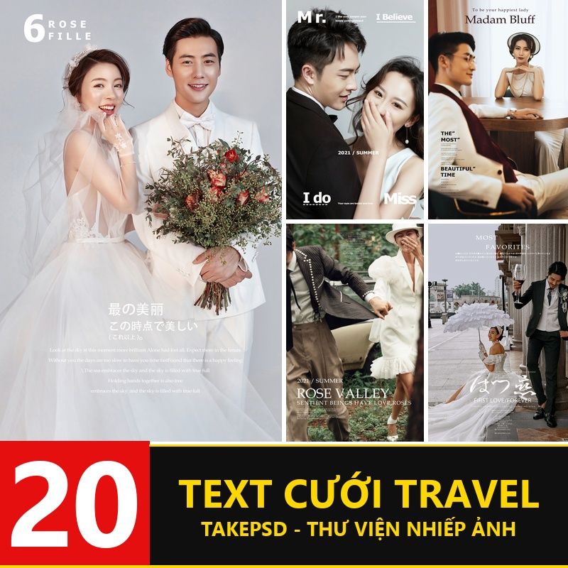 DP142, Bộ 20 PSD Typography ghép ảnh hậu kỳ kèm font dành cho ảnh cưới, cặp đôi du lịch, studio