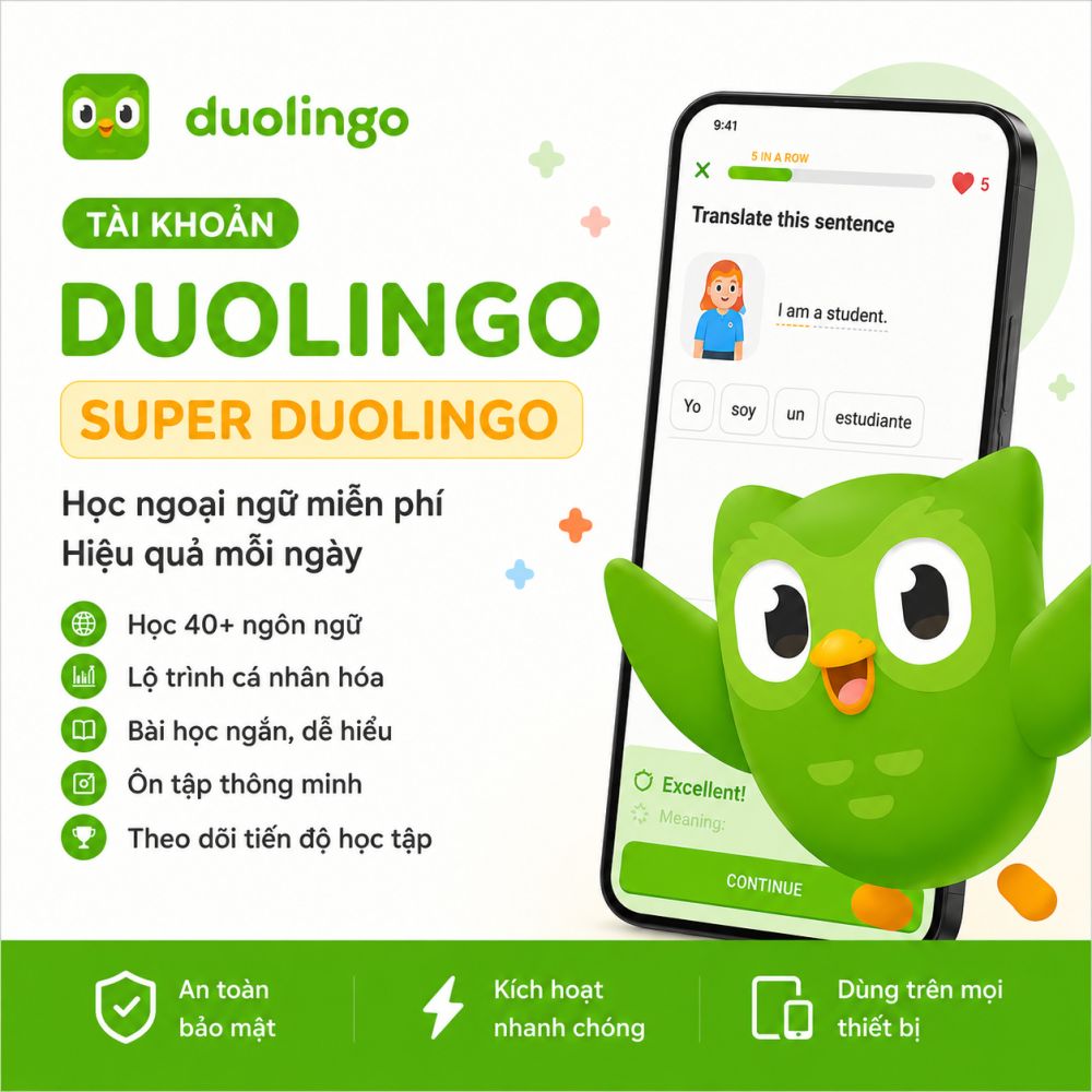 Duolingo Premium, Dịch vụ nâng cấp trực tiếp tài khoản Duolingo học ngoại ngữ gói 1 năm
