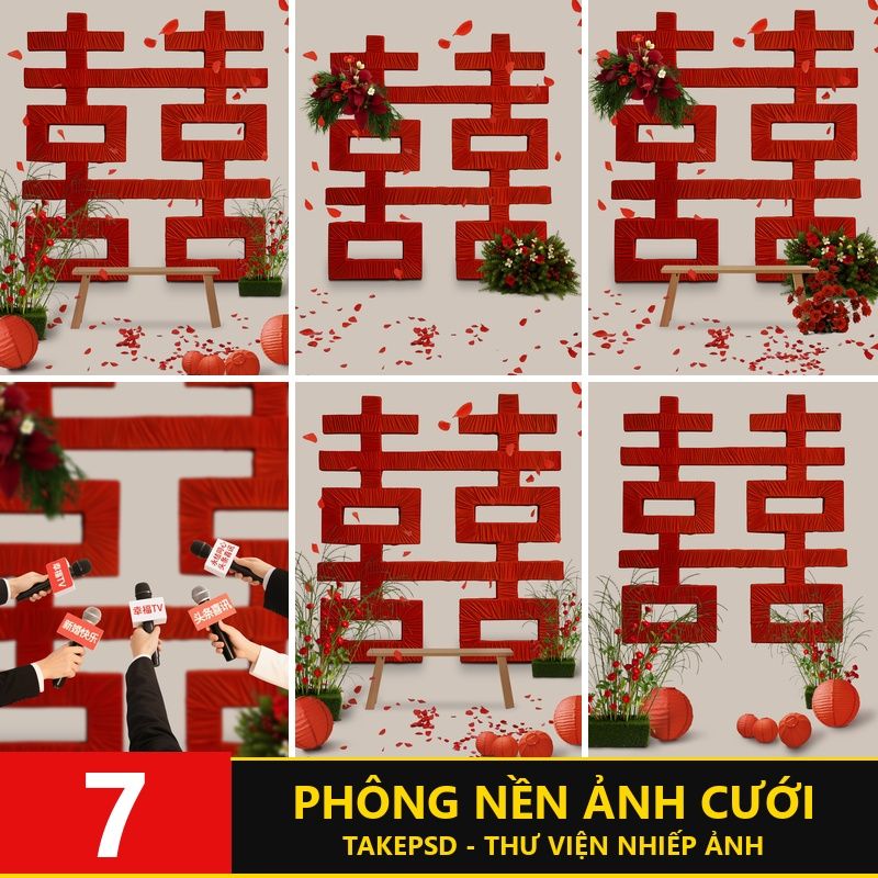 G099, Bộ 6 PSD mẫu phông nền ảnh cưới hạnh phúc trong nhà chữ Hỷ lớn màu đỏ thanh lịch sang trọng