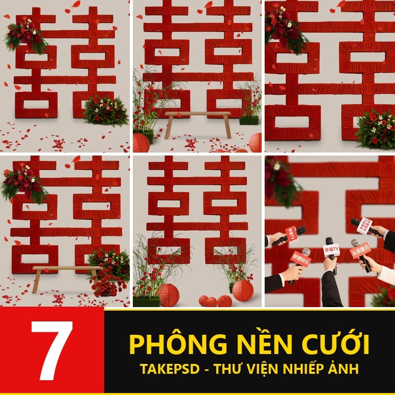 G099, Bộ 6 PSD mẫu phông nền ảnh cưới hạnh phúc trong nhà chữ Hỷ lớn màu đỏ thanh lịch sang trọng