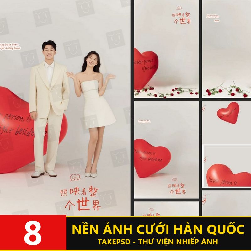 G149, Bộ 8 PSD mẫu nền hoa hồng và bóng bay hình trái tim phong cách Hàn Quốc dễ thương dành cho ảnh cặp đôi, ảnh cưới