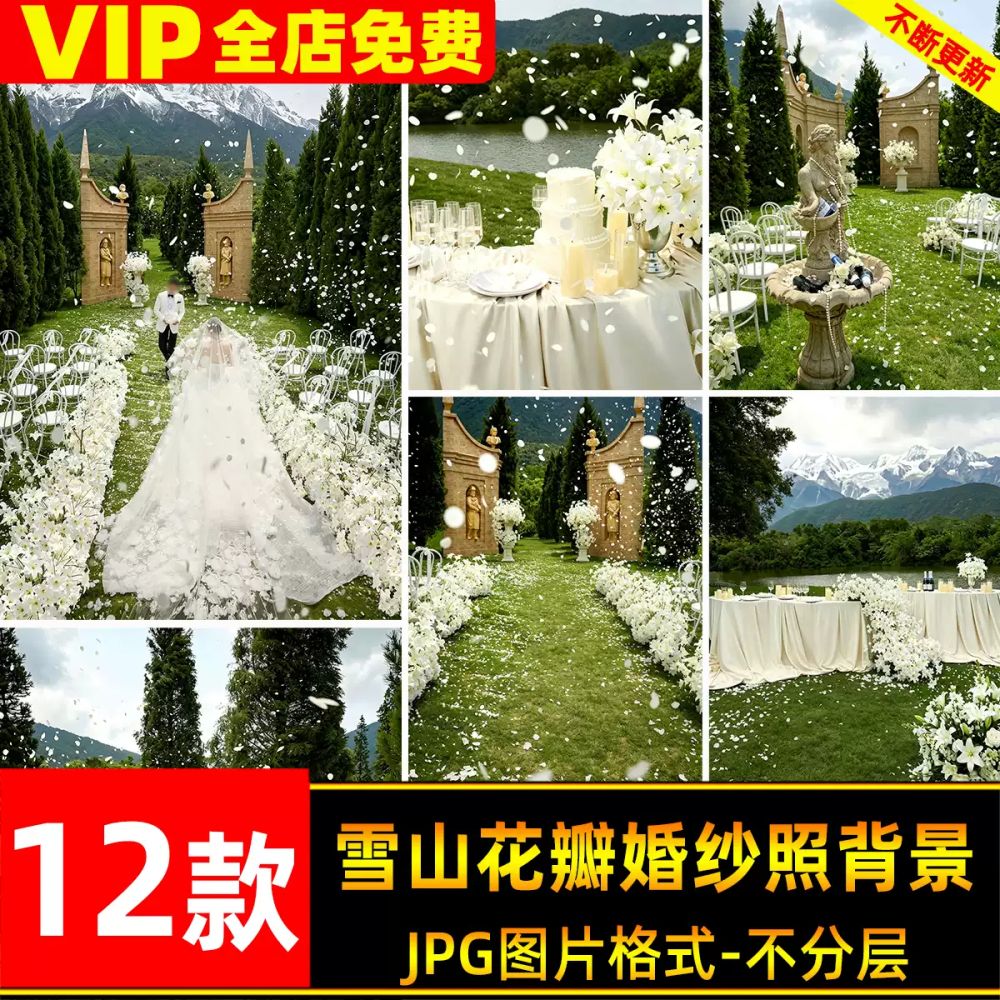 JPG-63083, Bộ 12 JPG độ nét cao phông nền cưới chủ đề bãi cỏ cánh hoa và núi tuyết trắng lãng mạn