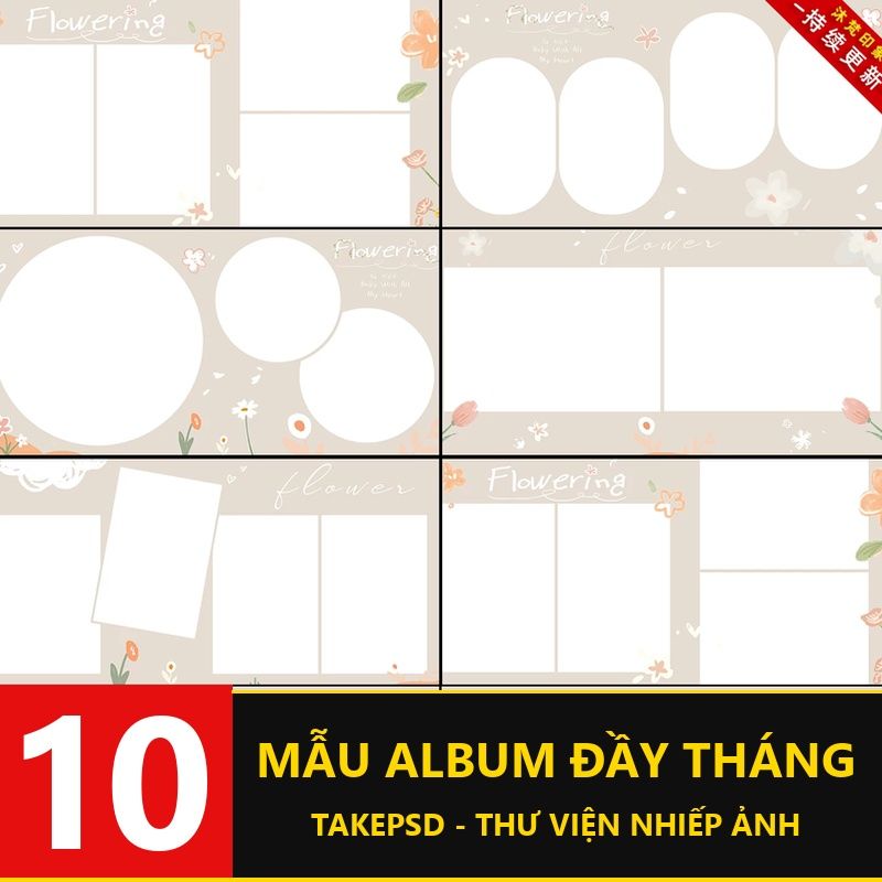 PSD-06867, Bộ 42 PSD album ảnh vuông bé sơ sinh đầy tháng chủ đề hoa xuân hè tông be ánh nắng