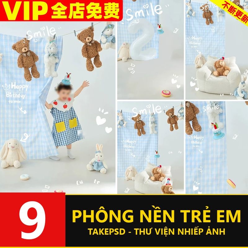 PSD-1241, Bộ 9 PSD mẫu vật liệu thiết kế ảnh trẻ em chủ đề sinh nhật và gấu bông tươi xanh cùng nhiều họa tiết trang trí