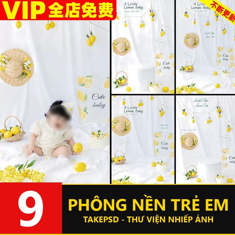PSD-20368, Bộ 9 PSD thiết kế ảnh bé 100 ngày chủ đề vàng chanh phong cách tối giản tông vàng chanh tươi sáng