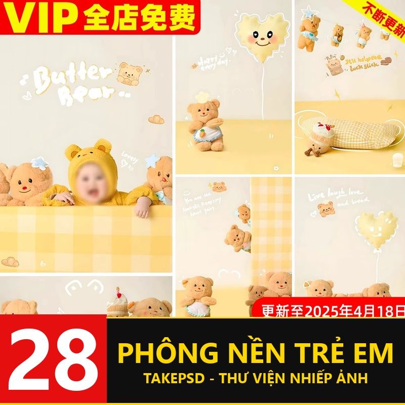 PSD-27173, Bộ 28 PSD thiết kế ảnh bé sơ sinh 100 ngày chủ đề gấu bơ tông vàng ấm áp