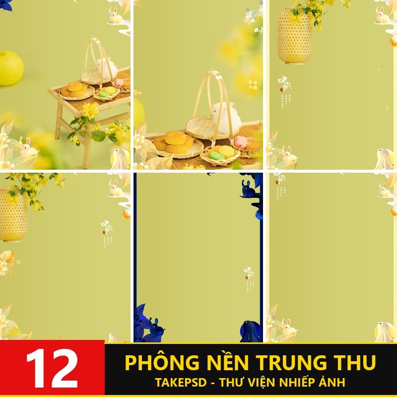 PSD-3133, Bộ 12 PSD mẫu vật liệu nền thiết kế ảnh trung thu trẻ em cổ trang Trung Hoa bánh trung thu, thỏ ngọc, hoa mộc lan tươi mát