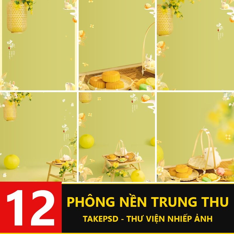 PSD-3133, Bộ 12 PSD mẫu vật liệu nền thiết kế ảnh trung thu trẻ em cổ trang Trung Hoa bánh trung thu, thỏ ngọc, hoa mộc lan tươi mát