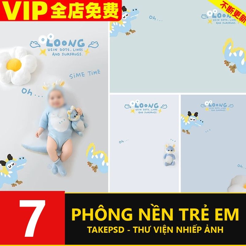 PSD-61816, Bộ 7 PSD mẫu tài liệu hậu kì ảnh trăm ngày, sinh nhật em bé chủ đề khủng long sữa màu xanh dễ thương