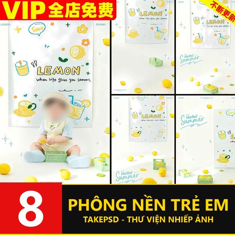 PSD-36397, Bộ 8 PSD vật liệu thiết kế ảnh trẻ em hương chanh mùa hè mềm mại, dễ thương và chữa lành