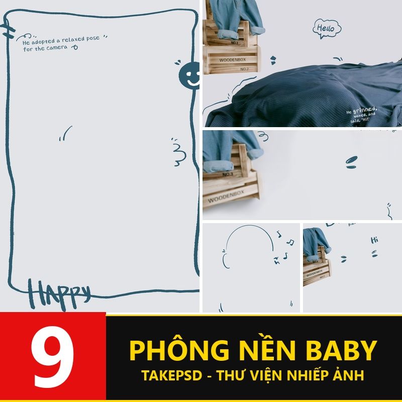 PSD-4988, Bộ 9 PSD mẫu thiết kế hậu kỳ ảnh trẻ em studio sinh nhật 100 ngày phong cách quần Jean sáng tạo vải bò Denim