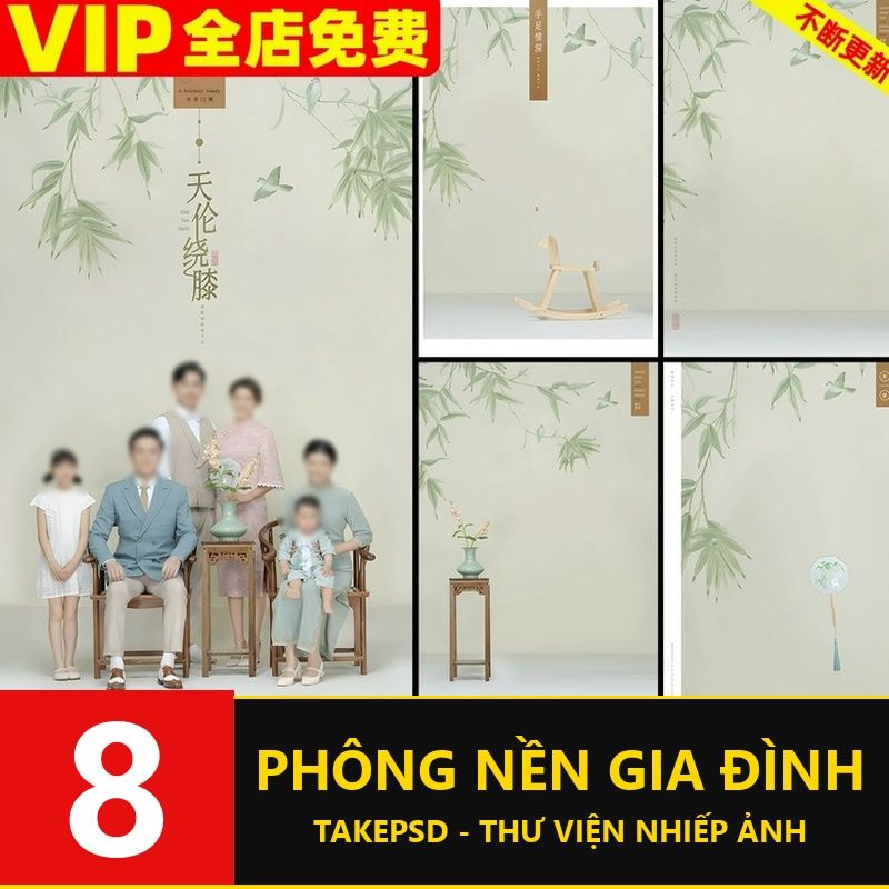 PSD-5165, Bộ 8 PSD mẫu chụp ảnh gia đình phong cách Trung Hoa hiện đại – tông màu thanh nhã, tranh công bút truyền thống