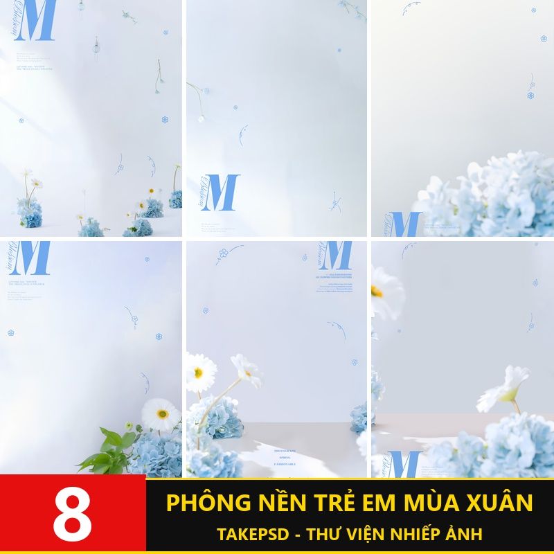 PSD-7248, Bộ 8 PSD mẫu thiết kế ảnh trẻ em hiện đại phong cách tạp chí chủ đề hoa mùa xuân màu xanh chữa lành