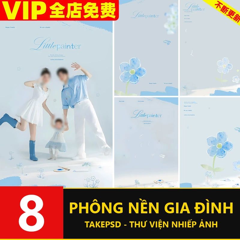 PSD-8406, Bộ 8 PSD mẫu thiết kế ghép ảnh chân dung gia đình trẻ em mùa xuân màu trắng xanh lãng mạn