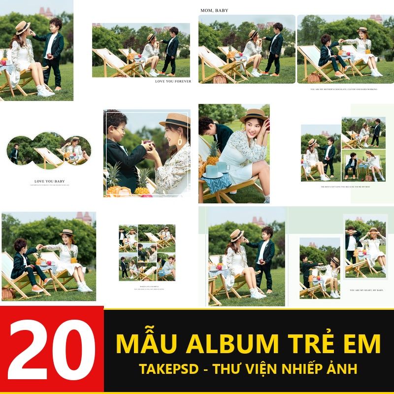 QC116,  Bộ 20 PSD mẫu thiết kế album phiên bản vuông + 13 JPG ảnh gốc dành cho gia đình và trẻ em ngoài trời