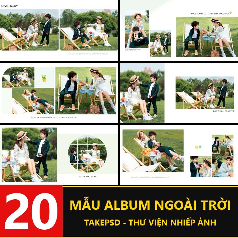QC116,  Bộ 20 PSD mẫu thiết kế album phiên bản vuông + 13 JPG ảnh gốc dành cho gia đình và trẻ em ngoài trời