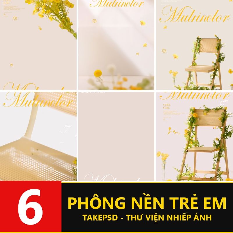 Y2961, Bộ 6 PSD mẫu vật liệu thiết kế grafitti ảnh trẻ em studio hoa và cây mùa xuân màu vàng tươi mát và dịu dàng