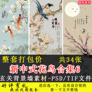 BG-116, bộ 34 file PSD phông nền tranh tường hoa chim và chữ Trung Hoa