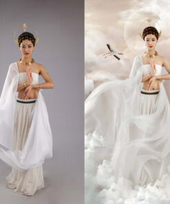 PSD 069 Bo 2 PSD hoan thien hau ki ghep anh co trang nen phong cach co xua Phat Quan Am bay tren bien may troi