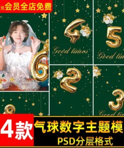 PSD 9982 Bo 14 PSD chu de sinh nhat tre em voi bong bong hinh so tuoi va nhieu sao vang trang tri 2