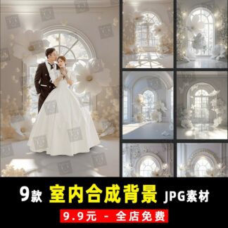 K973, Bộ 9 ảnh JPG độ nét cao nền ảnh cưới phong cách Vera AI hoa trắng satin trong nhà vòm cửa sang trọng (2)