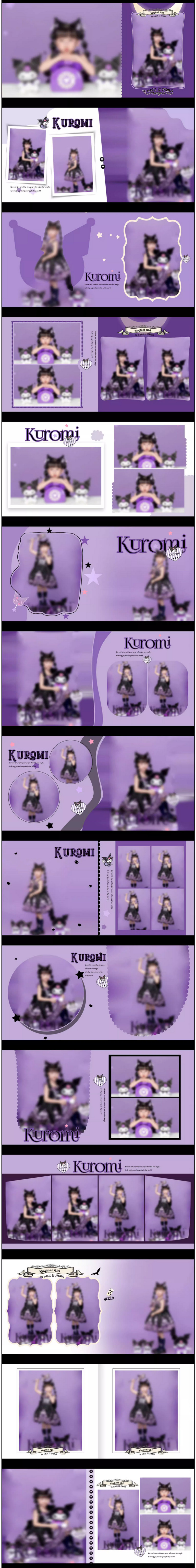 Album-Z50, Bộ 15 PSD mẫu thiết kế album vuông 25x25 bé gái màu tím dễ thương chủ đề phù thuỷ nhỏ Kuromi