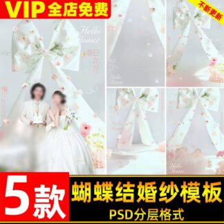 PSD 2225, Bộ 5 PSD mẫu nền hậu kỳ ảnh cưới hoa mùa xuân và bướm trắng bay quanh nơ trắng khổng lồ studio (2)