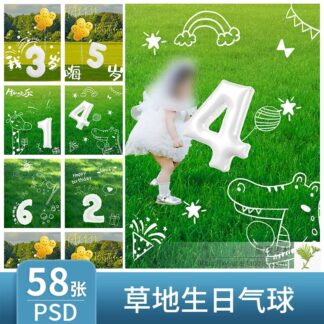L1054, Bộ 58 PSD thiết kế phông nền sinh nhật trẻ em ngoài trời, bóng bay trên cỏ xanh cho chụp ảnh bé và hậu kỳ studio (1)