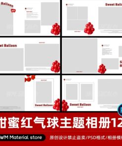 PB607, 12 PSD mẫu album vuông 25x25 album tạp chí chụp ảnh bé yêu, ảnh gia đình, ảnh kỷ niệm phong cách ngọt ngào bóng bay đỏ (2)