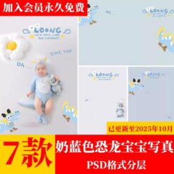 PSD 7818, Bộ 7 PSD mẫu tài liệu ghép ảnh em bé dễ thương nhân dịp sinh nhật 1 tuổi chủ đề khủng long màu xanh nhạt (2)