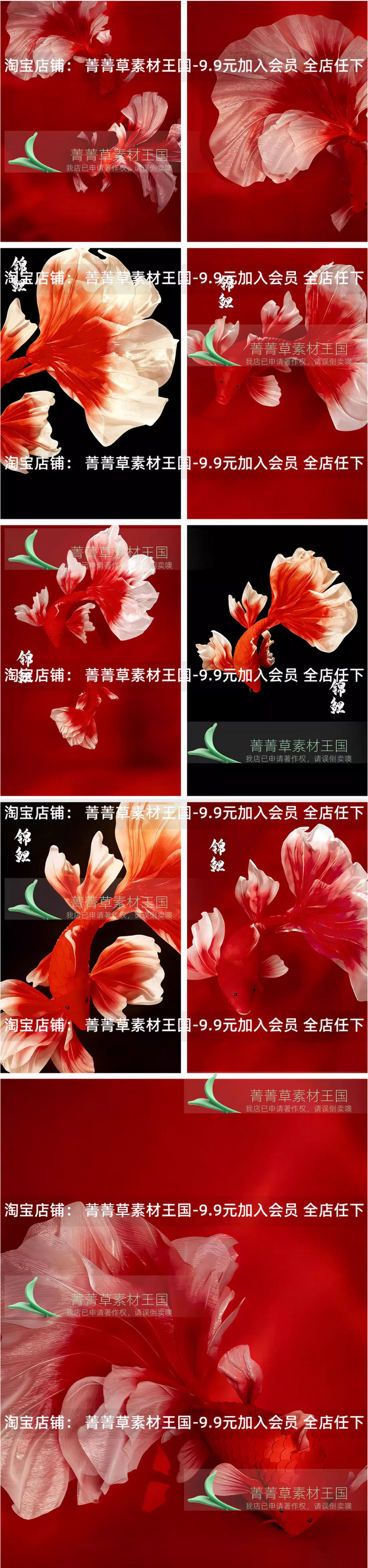 DL-014, Bộ 32 PSD tổng hợp mẫu cá chép Koi đỏ Tết may mắn – phong cách Trung Hoa, file PSD tách lớp (2)